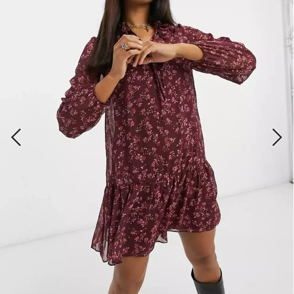 Frill Neck Chiffon Smock Floral Mini Dress - Picture 6 of 8